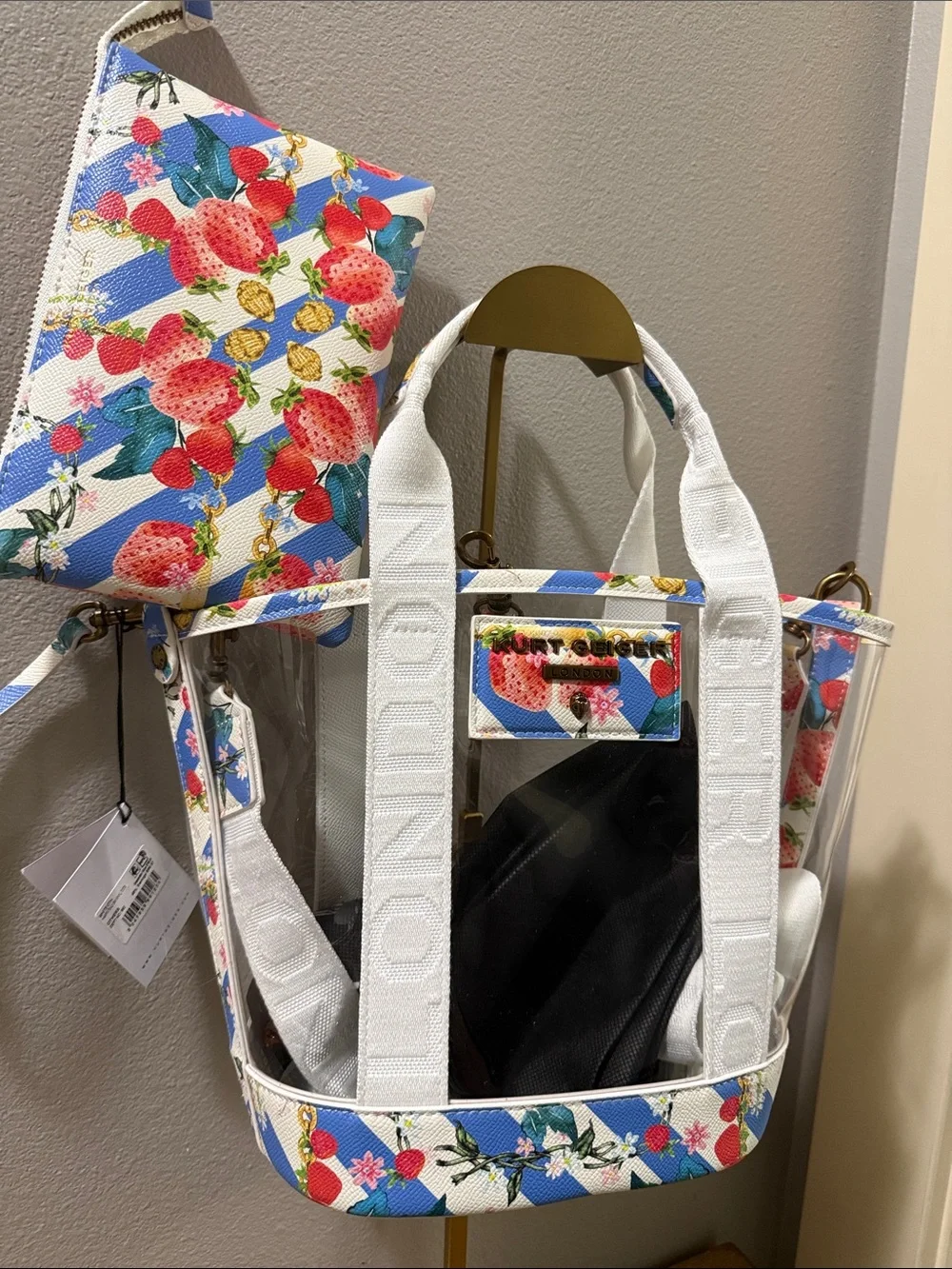 Kurt Geiger Clear Tote with White Straps and Strawberry Print